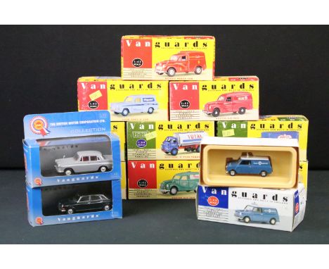 12 Boxed / cased Vanguards diecast models, 1:64 to 1:43 scale, to include VA 04400, VA 08502, VA14000, VA11004, VA14002, VA30