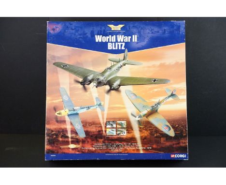 Boxed Corgi The Aviation Archive A99127 World War II Blitz 3-Plane ltd edn diecast model set, 1/72 scale. (Diecast appearing 