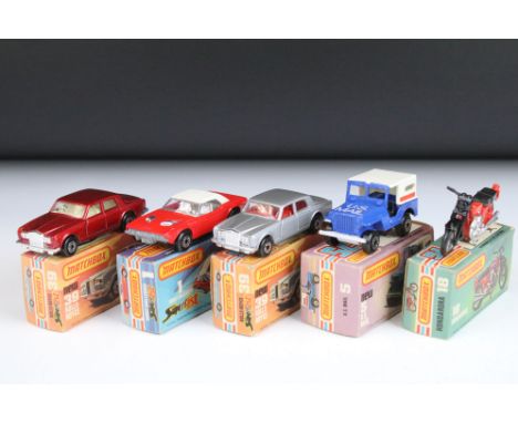 Five boxed Matchbox diecast models to include 18 Hondarora in red, 2 x 39 Rolls Royce (in metallic red and in silver), 5 US M