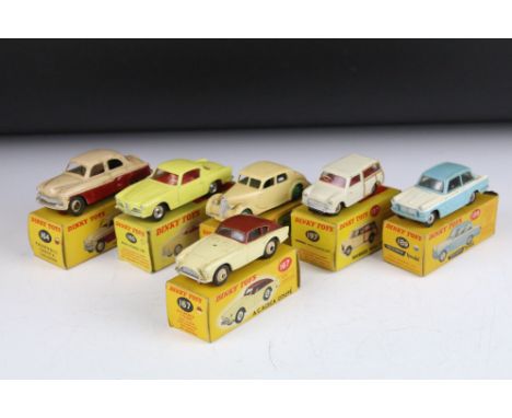 Six boxed Dinky diecast models to include 158 Riley Saloon in cream with green hubs, 164 Vauxhall Cresta Saloon in two tone c