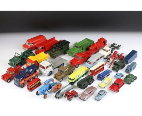 32 Mid 20th C play worn diecast models to include Dinky, Triang Spot-On, Budgie, Britains, Matchbox &amp; Corgi examples, fea