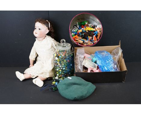 Group of vintage toys to include marbles, Playmobil, German bisque headed doll with sleeping brown glass eyes and teeth (appr