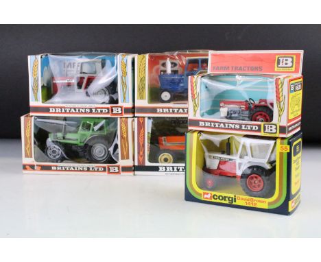 Six boxed diecast model tractors to include 5 x Britains (9526 Deutz, 9522 Massey Ferguson, 9520 Massey Ferguson, 9528 Fiat T