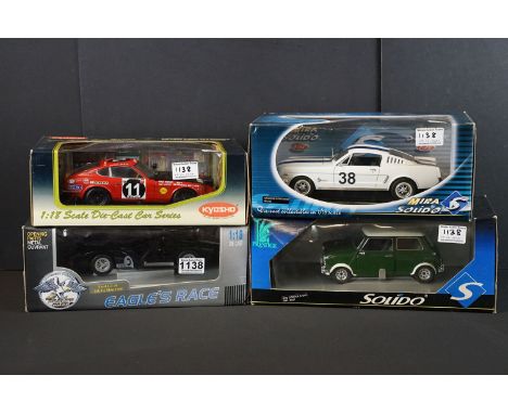 Collection of four boxed 1/18 scale diecast models to include Solido Prestige Mini Cooper S 1964, Mira Solido Ford Mustang Fa