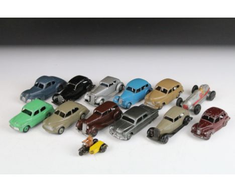 Collection of 13 Mid 20th C Dinky diecast models to include AA Motorbike, Hillman Minx, Vanguard, Ford Sedan, Austin Devon, M