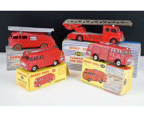 Four boxed Dinky fire engine diecast models to include 259 Fire Engine, 276 Airport Fire Tender with flashing light, 955 Fire