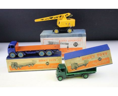 Three boxed Dinky diecast models to include 571 Coles Mobile Crane (missing hook &amp; string), 503 Foden Flat Truck (with ta