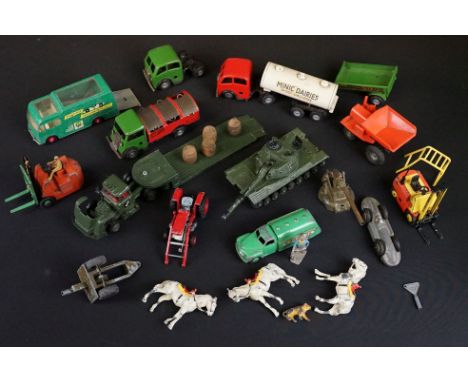 Collection of 14 play worn tinplate &amp; diecast models, mostly mid 20th C, to include Triang Minic, Britains, Corgi &amp; M