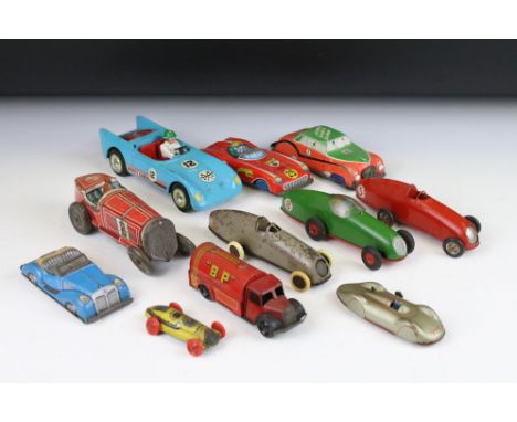 Collection of 11 early-to-mid 20th C play worn tinplate &amp; diecast models to include Memo, 3 x Triang Minic racing cars, B