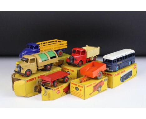 Six boxed Dinky diecast commercial models to include 417 Leyland Comet Lorry with blue cab and yellow trailer, 410 Bedford En