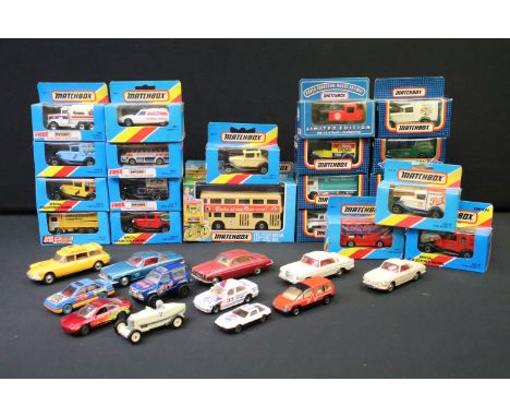 21 Boxed Matchbox diecast models circa early 1980s to include 12 x yellow/red stripe boxes, SuperKings K15 Berlin Bus etc plu