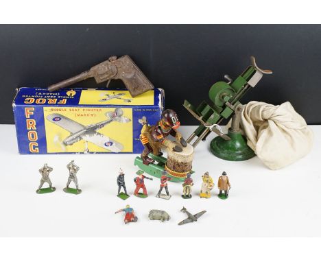 Group of vintage toys to include boxed Frog Single Seat Fighter Mark V model, Astra artillery, group of metal figures, tin pl