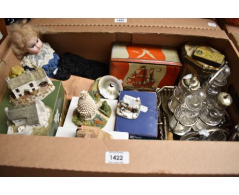 Five boxed Lilliput Lane houses, a Lancaster Ltd jam pot in yellow having floral design, a bisque headed doll AF, a small amo