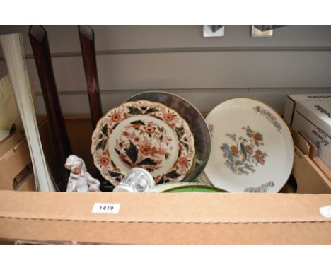 A vintage mother of pearl inlaid box, three tall art glass vases, A small selection of plates and display plates including a 