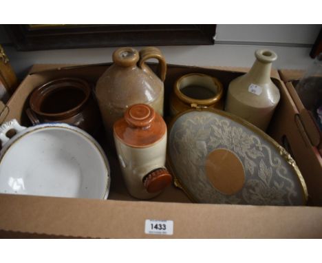 A Copeland Spode 'Italian' tureen, a saltware flagon, bottle and two pots, a similar hot water bottle and a dressing table tr