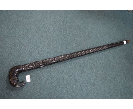 Ebonised Carved Walking Stick with Elephant Handle 