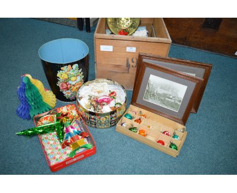 Wooden Crate and Vintage Christmas Decorations, Waste Paper Basket, etc. 