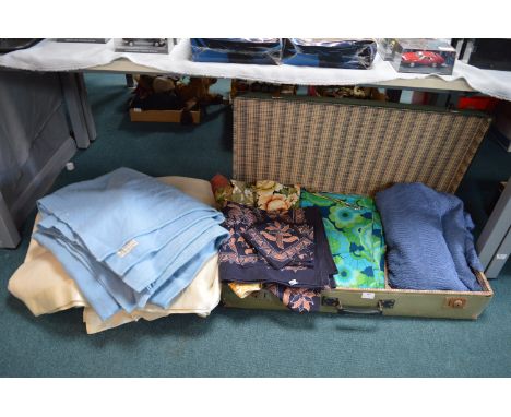 Vintage Suitcase Containing 1970's Fabrics, Bed Covers, etc. 
