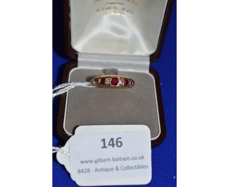 18k Yellow Gold Five Stone Diamond and Ruby Ring ~3.8g gross, Size: R+, Two Diamonds ~0.2ct total, Three Rubies ~0.8ct total 