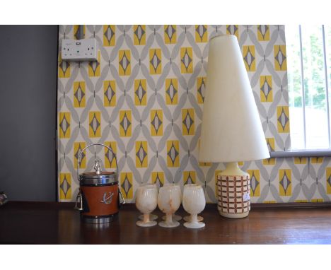 Retro Lamp with Tall Cream Shade, Six Onyx Glasses, and a Equestrian Style Ice Bucket 