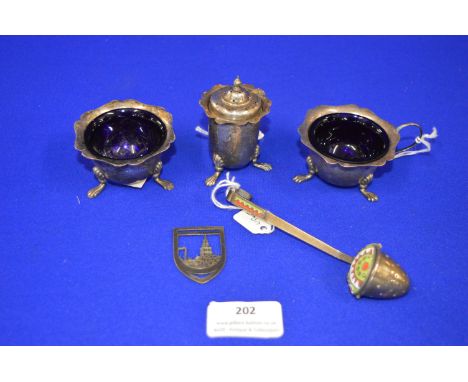 Hallmarked Sterling Silver Salt plus Liners, Caster, Russian Enameled Silver Strainer, and Continental Silver ~135g gross 