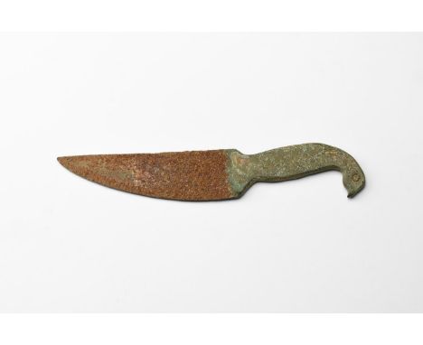 An undated archaistic single-edged knife with short iron blade, bronze handle with bird-head finial.   41 grams, 13cm (5 1/4"