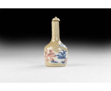 20th century AD. A glazed ceramic snuff bottle, piriform with chamfered shoulders and domed lid, landscape design with huntsm