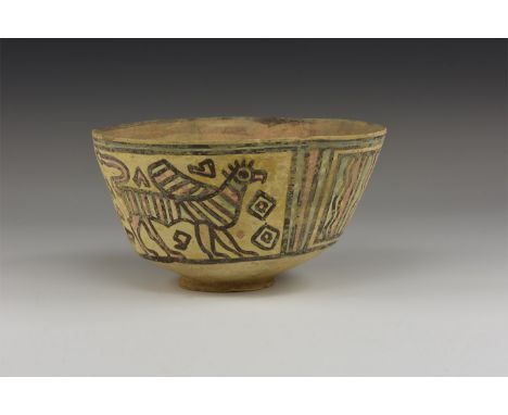 Indus Valley Mehrgarh Polychrome Bowl with Gryphon and Ibex. 3rd millennium BC. A ceramic Nal culture bowl with polychrome fr