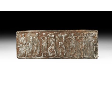 18th-19th Century AD. A rectangular nickel-plated copper plaque with low-relief frieze of worshippers escorting a ram to sacr