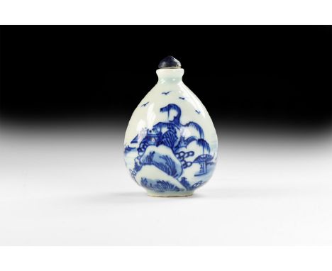 20th century AD. A glazed ceramic snuff bottle, bulbous and ovoid with domed lid, seascape design.   114 grams, 80mm (3 1/4")