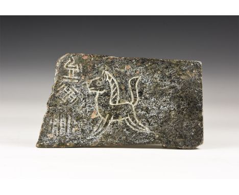 20th century AD. A subrectangular plaque with incised image of an advancing horse, with symbols.   521 grams, 14.5cm (5 3/4")