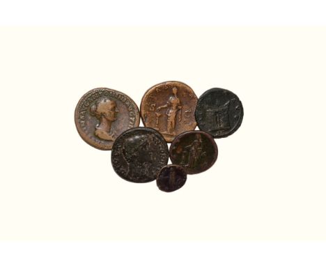 Antoninus Pius, Faustina I and Faustina II - Bronzes and Denarius [6]. 2nd century AD. Group comprising: Antoninus Pius, sest