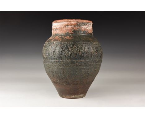 20th century AD. A ceramic jar with narrow base, piriform body, bands of meander and other decoration with two friezes, the l
