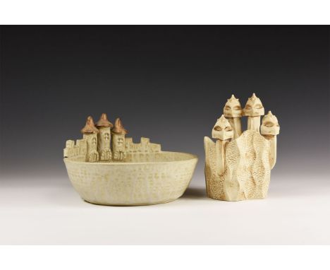 20th century AD. A mixed group comprising: a ceramic bowl with turret detailing to the rim; a resin jar with detailing from G