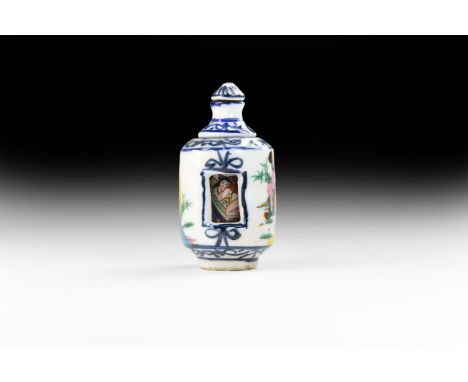 20th century AD. A glazed ceramic snuff bottle with apertures, courtly ladies to the outer face and erotic scene on rotatable