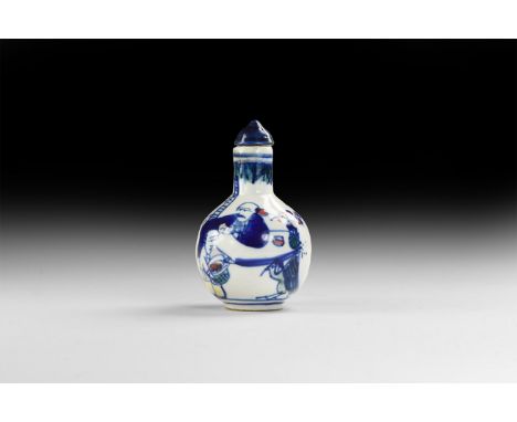 20th century AD. A glazed ceramic snuff bottle, piriform with domed lid, figures in a landscape design.   70 grams, 74mm (3")