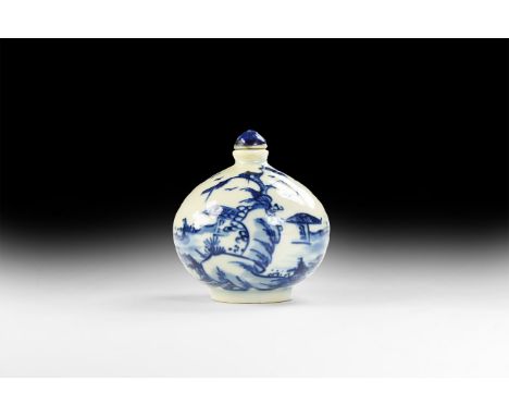 20th century AD. A glazed ceramic snuff bottle, bulbous with domed lid, seascape design.   86 grams, 69mm (2 3/4"). London pr