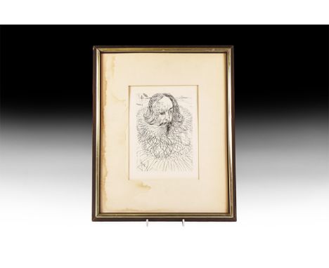 20th century AD. A print in a glazed wooden frame with reveal, line drawing depicting the three-quarter view bust of Cervante