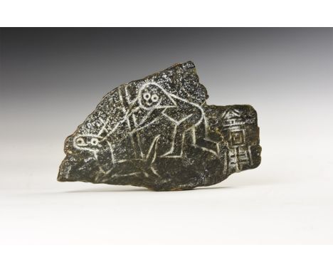 20th century AD. A carved stone plaque with incised hunting scene, characters to the border.   366 grams, 14cm (5 1/2"). Priv