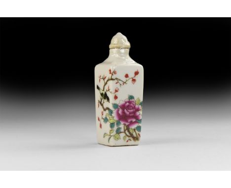 20th century AD. A glazed ceramic snuff bottle, square in section and tapering with chamfered shoulders and domed lid, chrysa