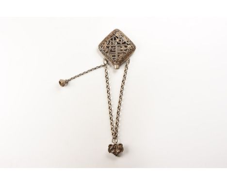 20th century AD. A silver-coloured metal chain with facing-mask closure, lozengiform openwork flask frame with flowers and te