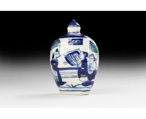 20th century AD. A glazed ceramic snuff bottle with tapering shoulders and domed lid, figural design with flowers.   97 grams