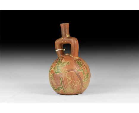 An undated archaistic ceramic stirrup vessel with bulbous body, two stems connecting to a single tubular vent; two panels of 