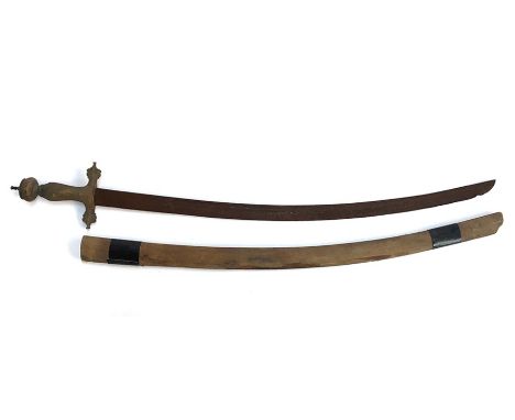 An Indian Talwar sword with brass hilt and wooden scabbard, the 67cm curved blade having a double fuller along the back edge 