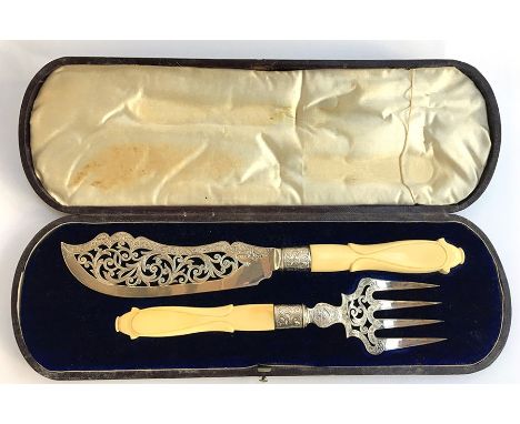 A leather cased set of serving fish knife and fork, George Unite, Birmingham 1857