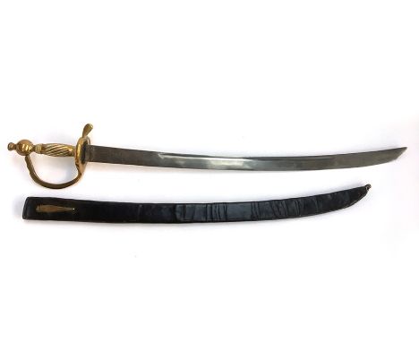 An infantry cutlass, initialled 'RW' on blade, below a crown. Brass hilt, stamped '3: No.150.28.L.R.', with leather scabbard 