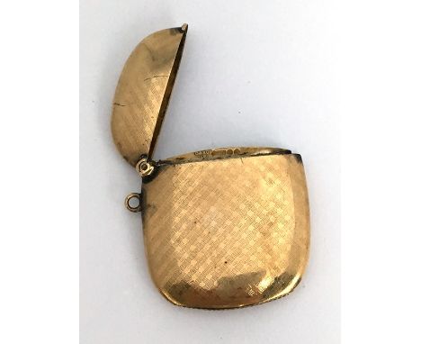 A 9ct gold vesta case, of slender cushion form, with engine-turned decoration, London, C&amp;S Co, 1908, 16.6g