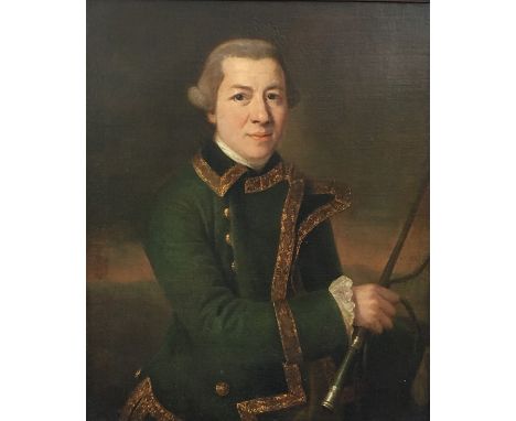 Francis Cotes (1726-1770), Portrait of a Gentleman Huntsman wearing a Green Coat trimmed with Gold Fringe, Holding a Hunting 