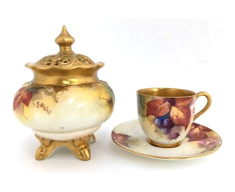 A Royal Worcester Kitty Blake 'Brambles' coffee cup and saucer and pot pourri