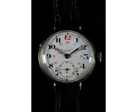 A VERY RARE STEEL ZENITH TRENCH WATCHCIRCA early 20th century ENAMELLED  WHITE SUNKEN DIAL WITH 24H MARKERS, SIGNEDExceptiona